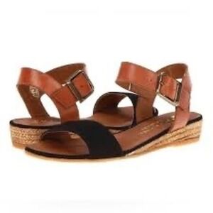 Eric Michael Navy Suede Cognac Leather Two Tone Ankle Strap‎ Flat Sandals Size 7
